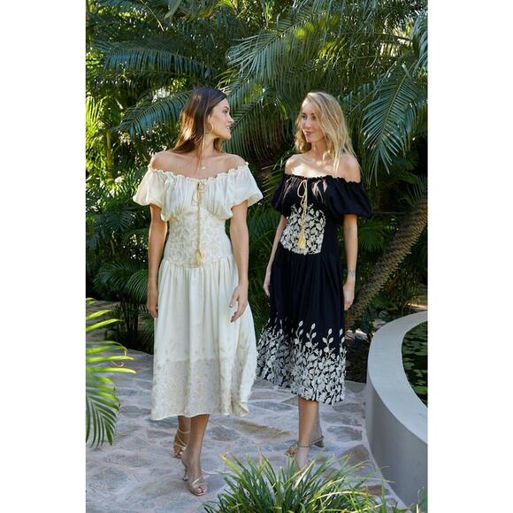 My Beachy Side Mariposa Off The Shoulders Embroidered Smocked Corset Dress Sz M - Picture 3 of 14